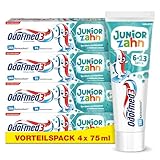 Odol-med3 Juniorzahn Zahnpasta, Zahncreme für Kinder ab 6 Jahren zum Schutz von Milchzähnen und bleibenden Zähnen, 4x 75ml