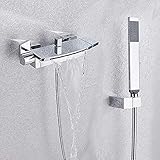 Chrom-Wasserfall-Duschbad-Set, Badezimmer-Duscharmatur, Wasserhahn, Doppelgriff-Badewannen-Brauseset, Handbrause