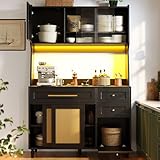 BXEYXE Küchenschrank, Hochschrank,Vitrinenschrank, Buffetschrank mit Verstellbaren Ablagen, Esszimmerschrank mit 3 Schubladen,Sideboard mit LED-Beleuchtung, PE-Rattan, schwarz