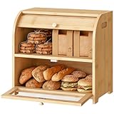 HOOBRO Brotkasten Bambus, 2-stöckiger Brotkorb, Brotbox, Brotaufbewahrung mit Rolldeckel und Vitrine, Brotbehälter für Brötchen und Gebäck, für Küche und Restaurant, Bambusfarbe EYL13MB01
