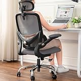 TONFARY Ergonomischer Bürostuhl für Zuhause, hoher Netzrücken, mit Verstellbarer Lendenstütze, klappbare Armlehnen, abnehmbares Kopfstütze, drehbarer Gaming-Stuhl, platzsparend, 150KG (Schwarz+Grau)