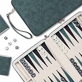 Backgammon-Sets für Erwachsene, klassisches Brettspiel mit faltbarem Kunstleder Backgammonetui, tragbares Reise-Backgammon-Set, inklusive 30 künstlichen Horn-Checkern (Green)