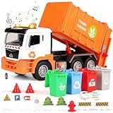 BunnyJOY Müllauto Spielzeug ab 3 4 5 6 Jahre Junge, Große Müllwagen Spielzeug mit Mülltonnen, Spielzeugautos Fahrzeuge, Geschenk Lernspielzeug für Kinder, Orange