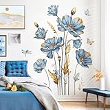 decalmile Wandsticker Blumen Blau Groß Wandtattoo Blüten Blätter Gold Pflanzen Wandaufkleber Wohnzimmer Schlafzimmer Sofa TV Hintergrund Wanddeko