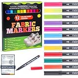 Siumir 12 Textilstifte Waschmaschinenfest, Textilfarbe, Stoffmalfarben Waschfest, Stofffarbe Textilmarker für Tshirts, Hut, Segeltuchschuhe, Einkaufstasche