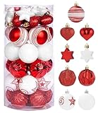 SOBEAU 35 Stück Christbaumkugeln Set, Weihnachtsbaumkugeln Kunststoff 6cm, Weihnachtsbaumschmuck mit Aufhängeöse für Dekoration, 9 Stilen Weihnachtskugeln（Weiß und Rot）