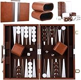 Backgammon Koffer Holz 15 Zoll,2 Spieler Klassisches Reise-Backgammon-Set mit Hochwertiger Ledertasche Tragbares und mit Würfelbecher für Camper & Travel-Fans