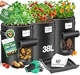 KESSER® Kartoffel-Pflanzsack 3-Set 38L | Kartoffel-Pflanzbeutel aus Vlies mit Namensschildern Pflanztasche mit Fenster & Griffen | Kartoffelpflanzgefäß waschbar mit Handschuhen & Arbeitsmatte Schwarz