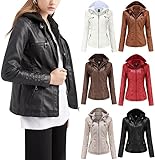 NIULI Lederjacke Mit Kapuze Damen Winter Motorrad Jacke Bomberjacke Bikerjacke Mit Reißverschluss Abnehmbare Übergangsjacke Kunstleder Jacken Große Größen Übergangsjacke(Noir,M)