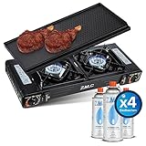 Z.M.C PREMIUM Camping Gaskocher 2-flammig + Grillplatte 45x24 cm + 4 Gaskartuschen 227g, Campingkocher mit Zündsicherung für Outdoor und Innenraum, Doppelgaskocher mit Piezozündung