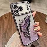 Changjia Schutzhülle für iPhone Pro mit Glitzer, 3D-Schmetterling, niedlich, luxuriös, glitzernd, Strass, flüssig, mit Kameralinsenschutz, weiches TPU, für Damen und Mädchen, Violett