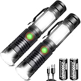 REHKITTZ LED Taschenlampe Extrem Hell 2000 Lumen, 2500 mAh Hochkapazitative Wiederaufladbare Multifunktions Taschenformat Taschenlampe mit Magnet und COB Arbeitsleuchte,Zoombar Handlampe(2 Stück)