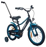 sun baby Jungenfahrrad 16 Zoll Jungen Kinderfahrrad Tracker Bike Leicht Stützräder mit Schubstange ab 2-6 Jahre BMX Fahrrad Kinder (Blau, 16 Zoll)