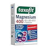 taxofit® Magnesium 400 Tabletten für Muskeln, Herz, Nerven, Energiestoffwechsel und Blutbildung | hochdosiert | vegan | Nahrungsergänzungsmittel mit Magnesium, B-Vitaminen und Folsäure | 45 Tabletten