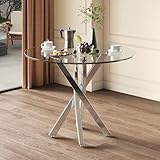 Runder Esstisch, 80 * 80 * 75 Tischplatte aus gehärtetem Glas, moderner Esstisch, galvanisierte Tischbeine, Kaffee-Freizeittisch, moderner einfacher, Silber