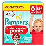 Pampers Baby Windeln Pants Größe 6 (15kg+) Premium Protection, Extra Large mit Stop- und Schutz Täschchen, MONATSBOX, 132 Höschenwindeln