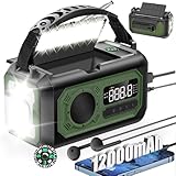 12000mAh Kurbelradio mit Handyladefunktion Solar,2 Sonnenkollektoren,AM/FM Radio Kurbel Notfall,3 Lademethoden 7 in 1 Tragbares Notfallradio,SOS,Taschenlampe,Kopfhöreranschluss,Leselampe (Grün)