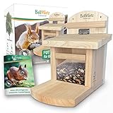 BellMietz® Eichhörnchen Futterhaus [extra sicher, stabil & wetterfest] | Holz FSC Zertifiziert | Eichhörnchenhaus mit innovativem Belüftungssystem für trockenes Futter | Futterhaus für Eichhörnchen