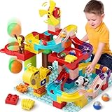 burgkidz Murmelbahn Bauklötze mit Tierfiguren und Ballschießen, 88-teiliges Bahnelemente Set Kugelbahn Konstruktionspielzeug Steine, STEM Pädagogisches Geschenk für Kinder ab 3 4 5 6 Jahre