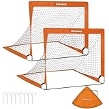 SONGMICS Fußballtor Kinder, 2er Set, Pop-up Tor, schneller Aufbau, für Garten, Park, Strand, Haltestangen aus Glasfaserstäben, Oxford-Gewebe und Polyesternetz, orange SZQ122O02