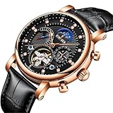 HFWXYSA Herren Leder Uhren automatische mechanische Skelett Tourbillon Diamant Luxus Selbstaufzug Kleid Armbanduhren Mondphase wasserdicht leuchtend,Rose schwarz