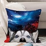 VJIZLOQB Kissenbezug 50x50cm Dekokissen Polyester Sofakissen,Kissenbezüge,für Sofa Schlafzimmer Wohnzimmer Outdoor Kissenhülle,Siberian Funny Husky Kopf Sternennacht Nebel