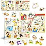 Dncvb Steckpuzzle 22-Teilig Bauernhof Holzpuzzle Kinder ab 1 2 3 Jahr Dschungeltiere Greifpuzzle Holz, Steckpuzzle Holz ab 1 Jahr, Montessori Lernspielzeug Kinderspielzeug Geschenke für Mädchen Jungen