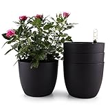 T4U 15cm Selbstwässernder Blumentopf mit Wasseranzeiger Schwarz 4er-Set, Selbstbewässerung Wasserspeicher Pflanzgefäß Übertopf für Innen- und Außenbereich