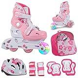 JAMBACH Kinder Inline-Skates mit Schutzset verstellbar zum Rollschuh mit Led (XS (26-29), Rosa-Weiß)