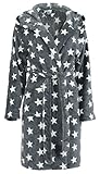 Brandsseller Damen Bademantel mit Sternen S/M – Weicher Morgenmantel aus Mikrofaser mit Kapuze – Öko-Tex zertifiziert – Perfekt für Zuhause & Wellness – Grau/Weiß