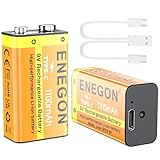 ENEGON 2er-Pack 9V wiederaufladbare Lithium-Batterien, 1100mAh mit USB-C-Schnellladung – Hochleistungs-6F22-Batterien für E-Gitarren, klein LED-Beleuchtungsgeräte, Rauchmelder, Mikrofone