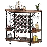 Dripex Weinregal, Weinschrank für 25 Flaschen, Weinständer mit Glashalter und Tischplatte, Weinregale auf Rollen, Wein Aufbewahrung, Barschrank Holz, 119 x40 x 101 cm