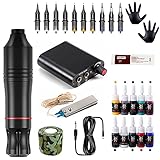 Rotary Tattoo Pen -Kit mit Mini -Netzteil - Komplette Tattoo -Maschine Set mit Gleichstromverbindung, Fußpedal, 10 Patronen, 10 Farbset,Schwarz