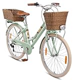 BIKESTAR Alu City Stadt Fahrrad 26 Zoll | 16 Zoll Rahmen, 7 Gang Shimano Damen Rad, Hollandrad Retro Bike mit V-Bremse und Gepäckträger | Mint | Risikofrei Testen