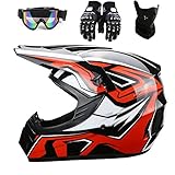 Motocross Helm Kinder Rot Schwarz, Full Face Off-Road Motorrad Cross Helme mit Visier Brille Maske Handschuhe, Motorbike ATV MTB Freien Sport Motorcycle Helmet Set ( Color : II , Size : XL (58-59cm) )