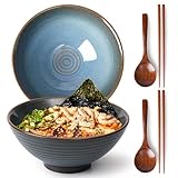 NUTRIUPS 2 Stück (6-teilige) Ramen Schüssel Set 1000ml Keramik Ramen Bowl mit Löffel und Essstäbchen, Japanische Suppenschüssel 20cm Ramen Schale (Ocean Blue)