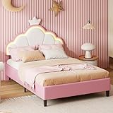 Polsterbett 140x200 cm für Kinder, Prinzessinnenkrone mit LED, Jugendbett mit höhenverstellbarem Kopfteil und Lattenrost, Ohne Matratze (Rose, 140x200cm)