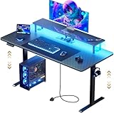 HLONONE Gaming Tisch mit LED, Höhenverstellbarer Schreibtisch 160 x 60 cm, Höhenverstellbar Elektrisch mit Steckdosen und Monitorständer, Steh-Sitz Tisch mit 3-Funktions-Memory, Schwarz
