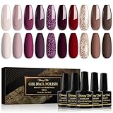 Shining She UV Nagellack,10 Farben Nude Beige Rot Dunkelviolett Dunkelrot Braun Golden Glitzer Gel Nagellack Soak-Off UV Schellack nagellack für Anfänger DIY Nail Art Set,8ml