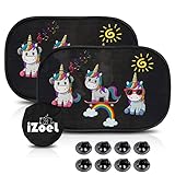 iZoeL Sonnenschutz Auto Baby mit UV Schutz, 2 Pack Sonnenblende Kinder mit 8 Saugnapf, Schatten Autofenster Seitenscheibe Motiv Tiere (Einhorn)