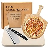 4-teiliges großes Pizzastein-Set – rechteckiger Pizzastein für Ofen und Grill, Holz-Pizzaschieber (Eiche), Pizzastahlschneider und 20 Kochpapier, 38,1 cm Backstein für Pizza, Brot und BBQ