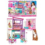 Barbie-Ferienhaus (116 x 77,9 cm), 6 Spielbereiche, komplett eingerichtet Zubehör, Möbeln und Aufzug, klapp- und verstaubar, Puppe, Geschenk für Kinder ab 3 Jahren, HCD50