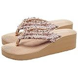 PACKOVE Boho Damen Sandalen mit Keilabsatz Rutschfeste Sommerliche Zehentrenner Atmungsaktive Strand und Freizeit Slides Plateau Sommerschuhe Leicht und Komfortabel