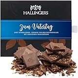 Hallingers Zum Vatertag - Vatertagsgeschenk Vollmilch Edel-Schokolade mit Haselnuss-Nougat, handmade für Papa (Box) - Geschenk im Sommer & als perfektes Grillgeschenk | Glückwunsch Jahrestag Freundsch