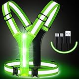 Simket Laufweste Reflektorweste Warnweste, LED Wiederaufladbare USB Lauflicht, Elastische Verstellbare Leuchtweste für Joggen Wandern oder Radfahren in der Nach (Green)