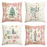 Artoid Mode Rosa Diamant Plaid Nussknacker Baum Frohe Weihnachten Kissenbezüge 4er Set, 45x45cm Winter Zierkissenbezug Couch Wohnzimmer Deko