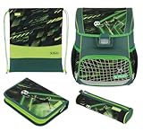 Herlitz Schulranzen Set 4-teilig Loop Game Changer Grün 17 L Ergonomischer Tornister mit geringem Gewicht 1. Klasse Junge Mädchen Kinder, Fußball