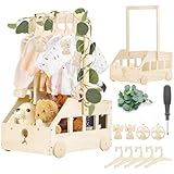 Babyparty Geschenk mit Holz Babykorb auf Rädern | Praktischer Baby Schrank mit Griff & 5 Regenbogen Puppenkleiderbügeln | Geschenkkorb für Babyshower (Rabbit)