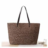 SHTGOI Strohtaschen Handtasche Sommer Strandtasche Stroh Groß mit Reißverschluss Handgemachte Strohtasche mit Leder Schultergurt Gewebte Umhängetasche für Frauen Reisen Urlaub Freizeit Dunkelbraun