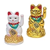 Flanacom Winkekatze 2er Set - Winkende Japanische Glückskatze - Wackelfigur Glücksbringer Büro Schreibtisch - lustige Scherzartikel - Abschiedsgeschenk Kollege - Wichtel-Geschenk (Gold & Weiß)